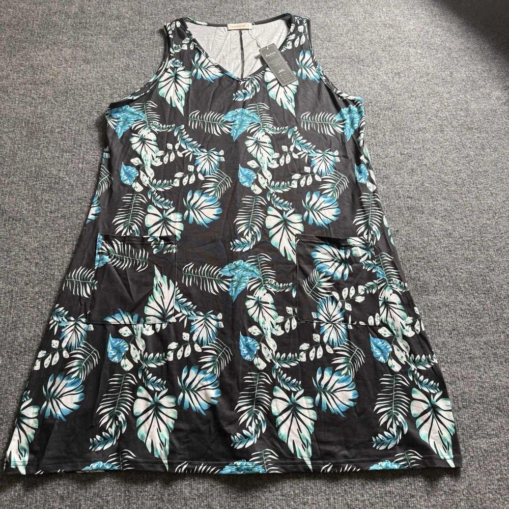 Fantaslook Tropical Floral‎ Leaf Print Sleeveless Dress with Pockets Size XL